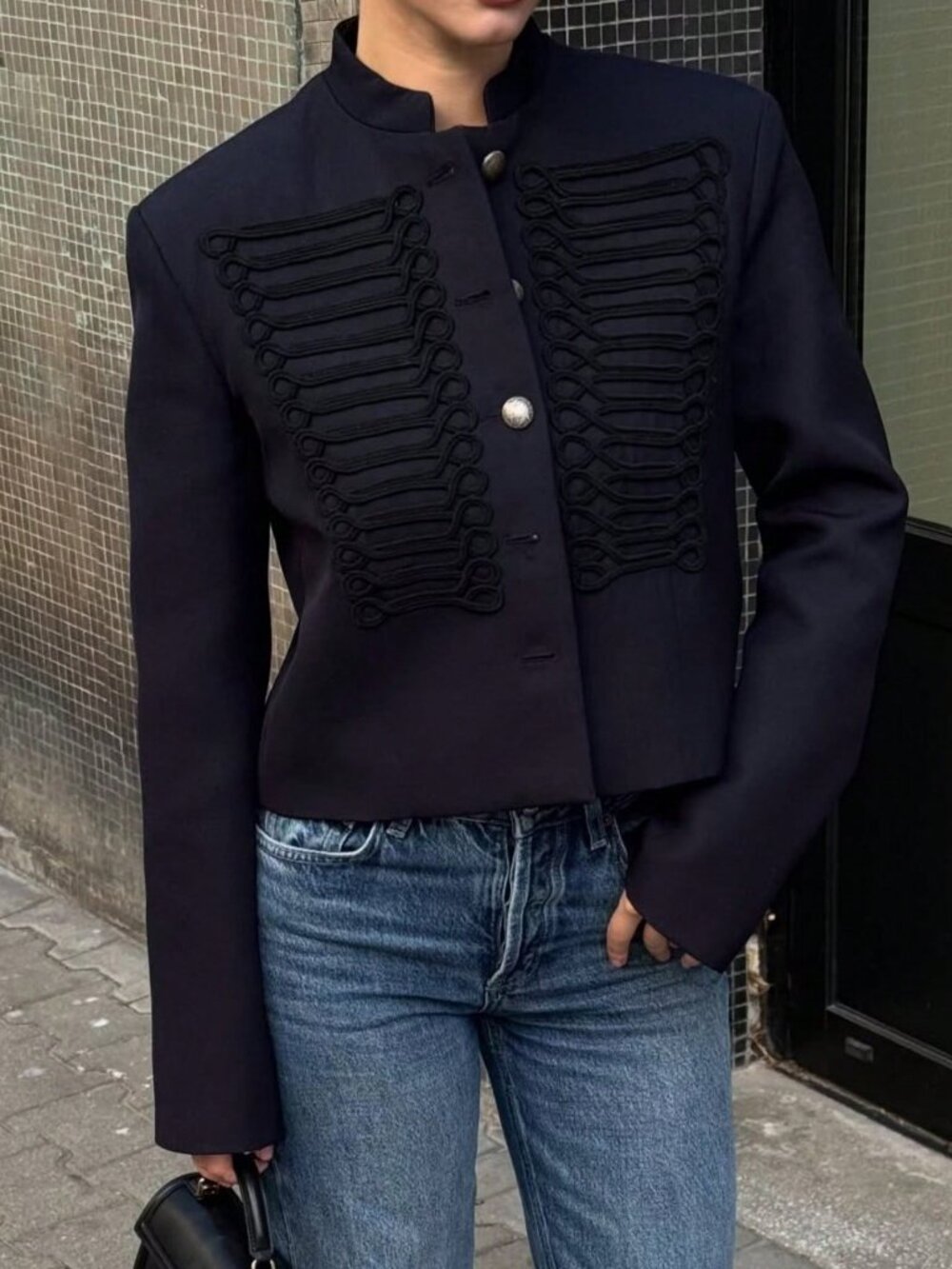 Navy Blue Casual Women's Versatile Button-Decor Single-Breasted Short Jacket - Picture 4 of 10